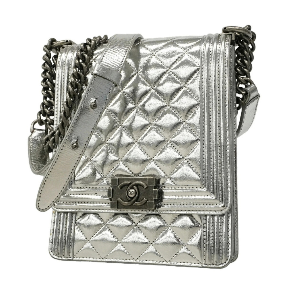 Chanel Boy Chain Shoulder Bag, Goat Leather, Silver, Women's